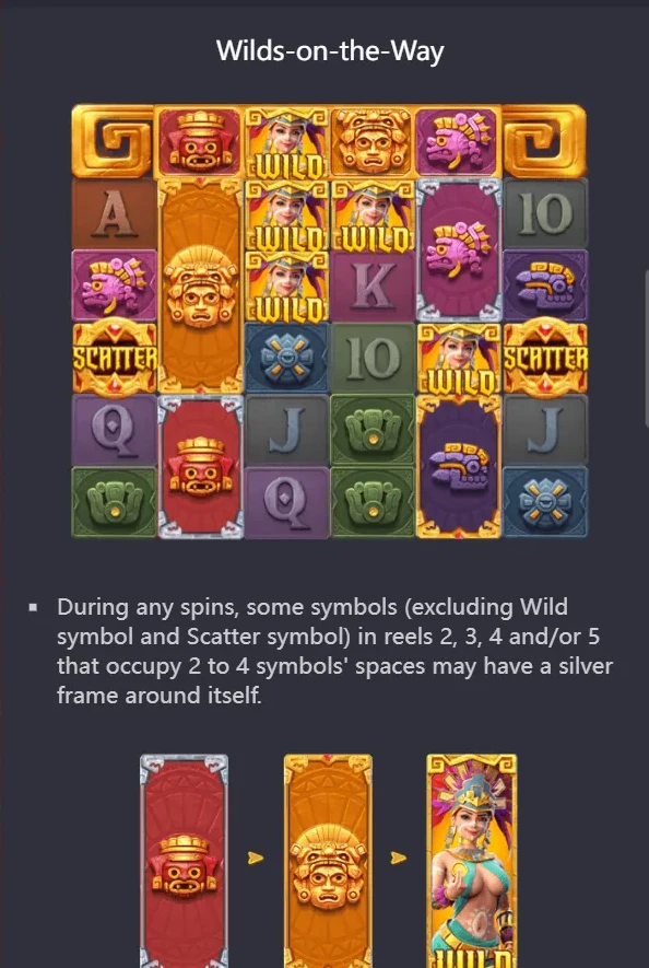 Wilds-on-the-Way diagram: silver-framed symbol converts to gold-framed, then to Wild on successive cascade hits (reels 2-5).