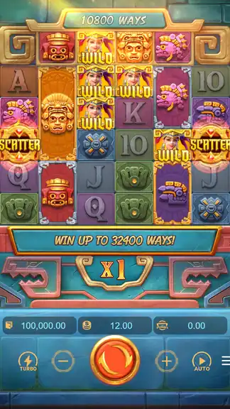 Session start: $100,000.00 balance at $12.00 bet per spin, Treasures of Aztec 6x5 grid loaded