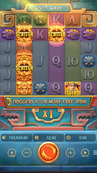 Spin ~384: $103,639.60 on-screen balance at $12.00 bet, mid-session Treasures of Aztec gameplay