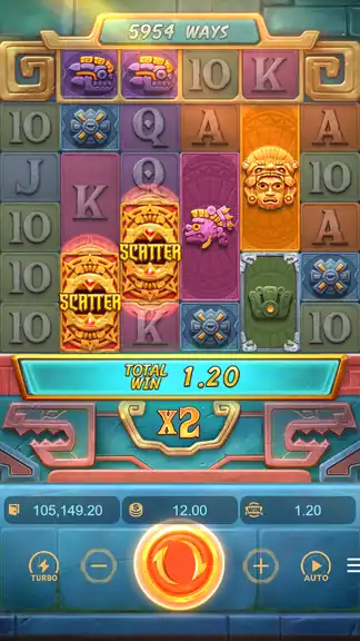 Spin ~783: $105,149.20 on-screen balance at $12.00 bet, Treasures of Aztec base game in progress