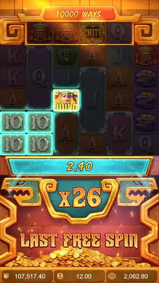 Treasures of Aztec free spins: x26 multiplier on the last free spin of bonus 6, running win 2,062.80 credits